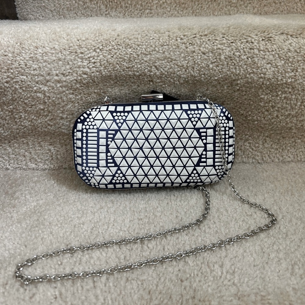 BCBGMAXAZRIA Blue and White Geometric Box Clutch